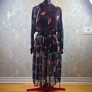 Vintage Sheer Floral Black and Pink Dress